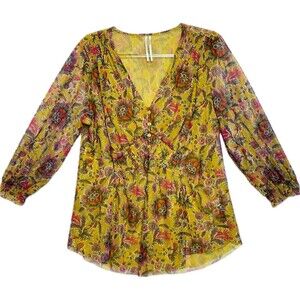 F. Anthropologie Top L Floral Multicolor Blouse Long Sleeve V Neck